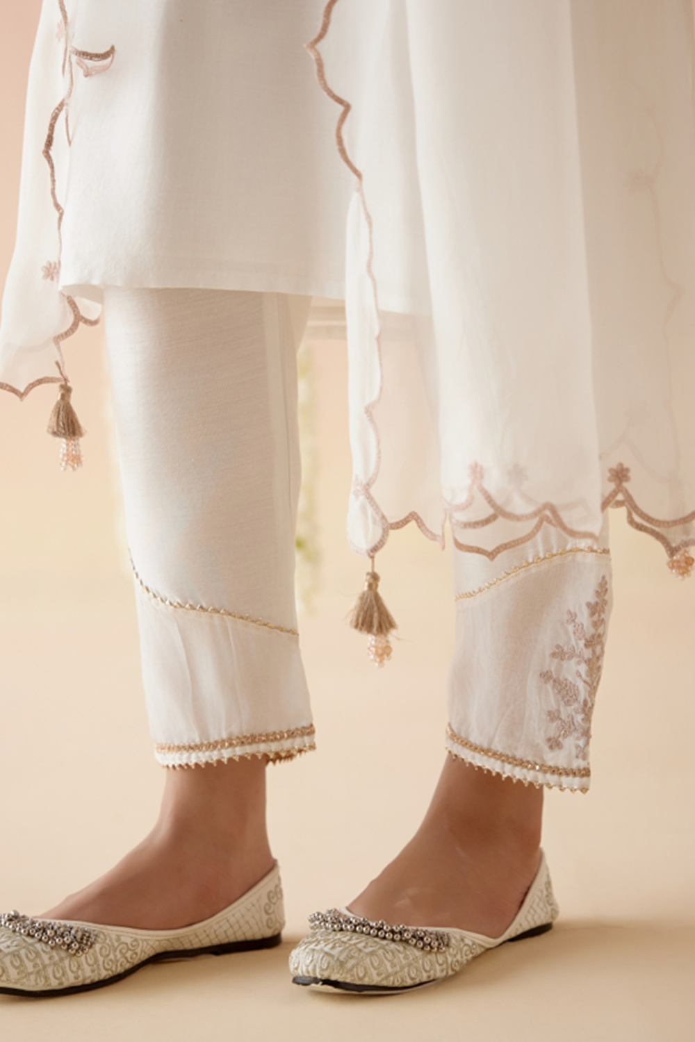 Rose White Embroidered Kurta with Pants and Dupatta