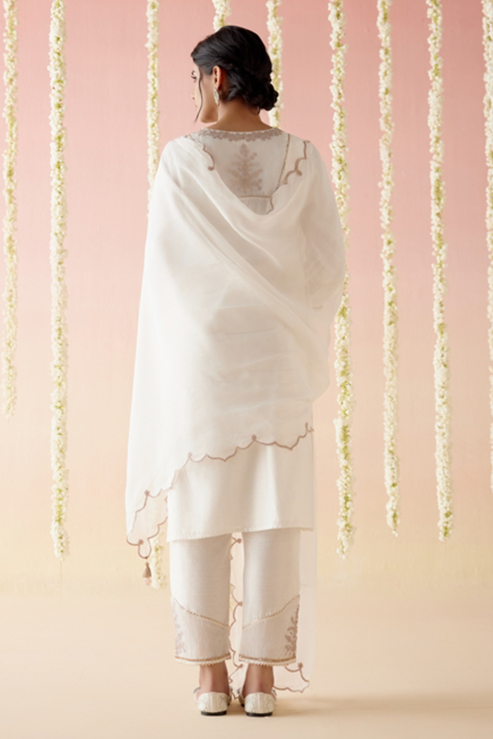 Rose White Embroidered Kurta with Pants and Dupatta