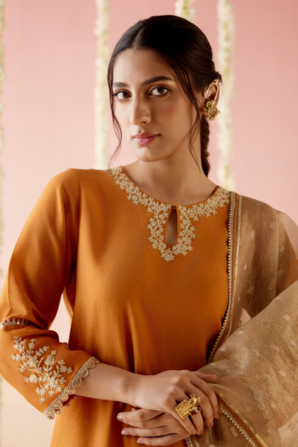 Orange Lily Embroidered Kurta with Pants and Dupatta