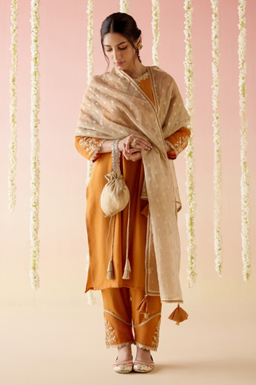Orange Lily Embroidered Kurta with Pants and Dupatta