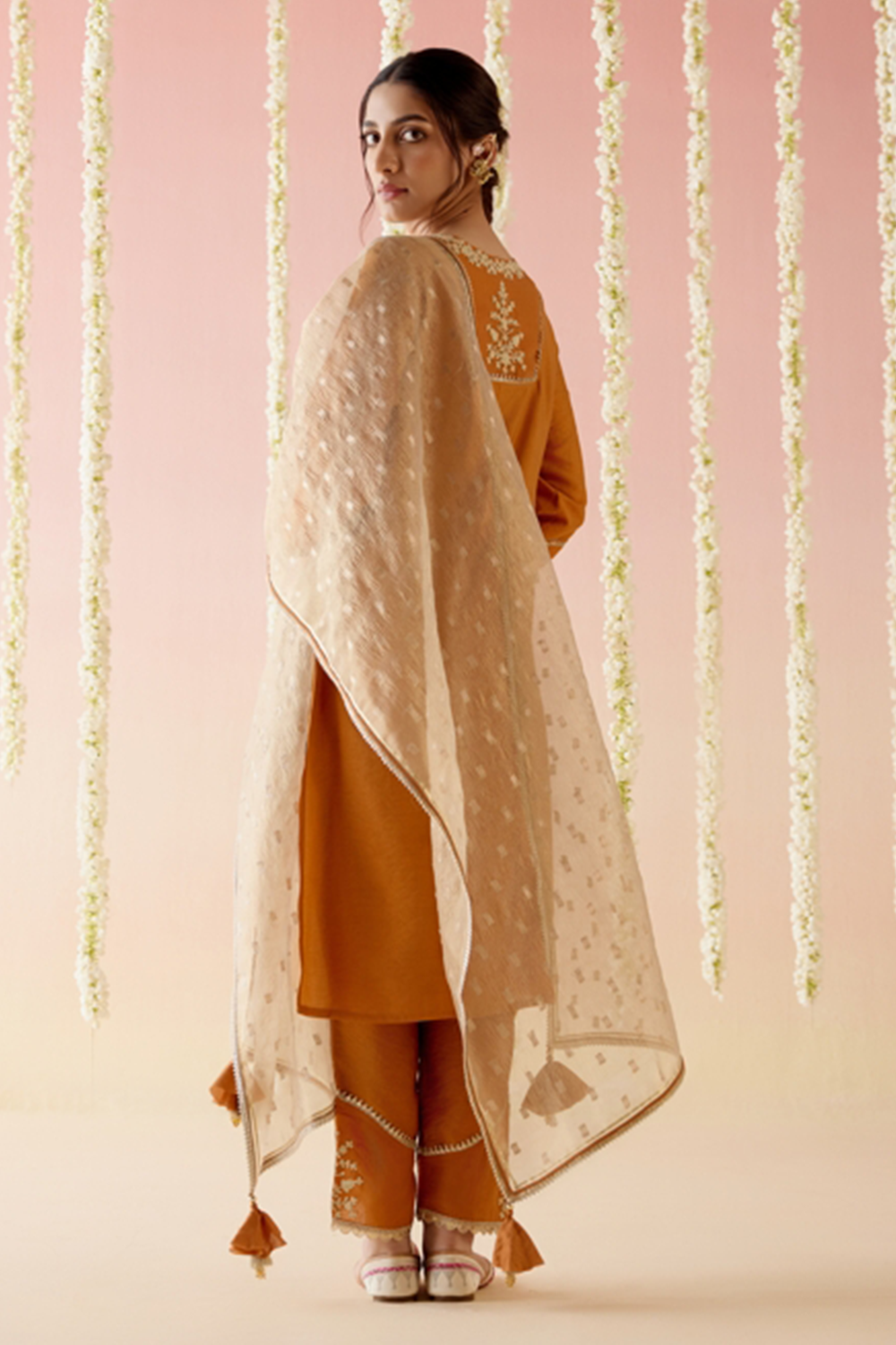 Orange Lily Embroidered Kurta with Pants and Dupatta