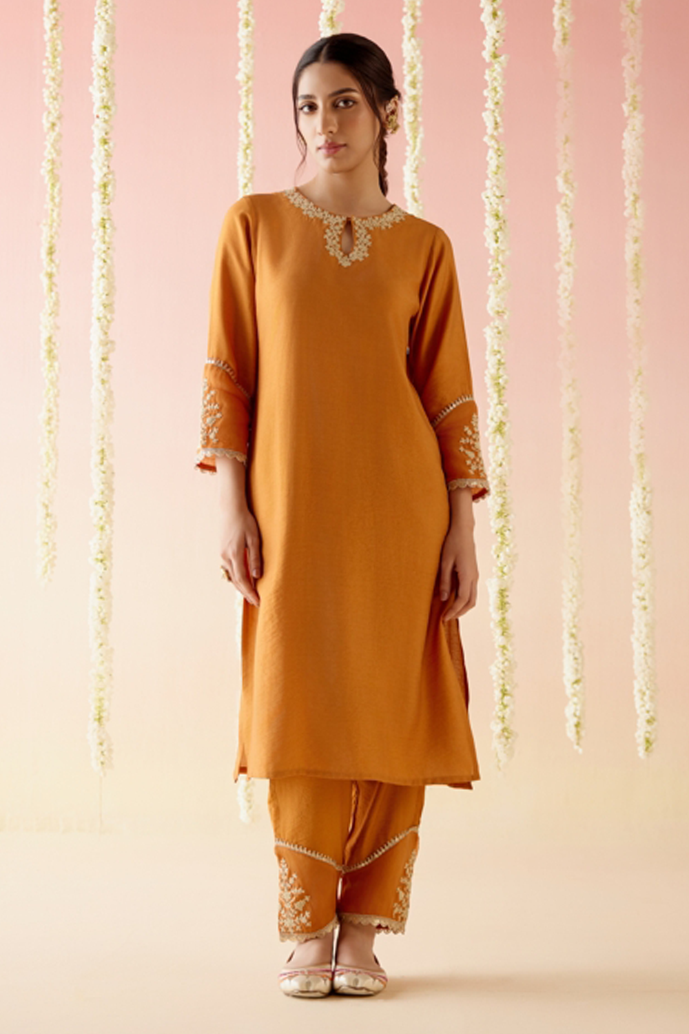 Orange Lily Embroidered Kurta with Pants and Dupatta