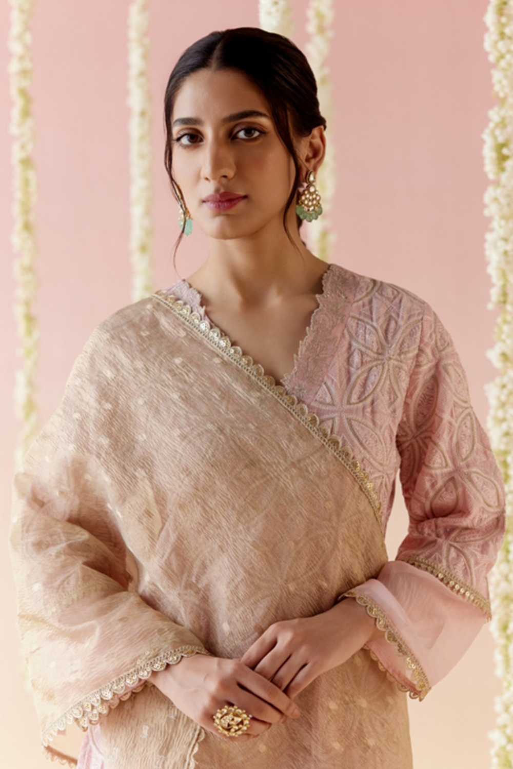 Daisy Pink Zari Kurta with Pants and Dupatta