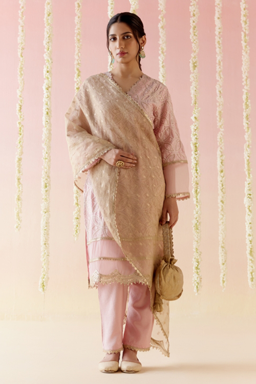 Daisy Pink Zari Kurta with Pants and Dupatta