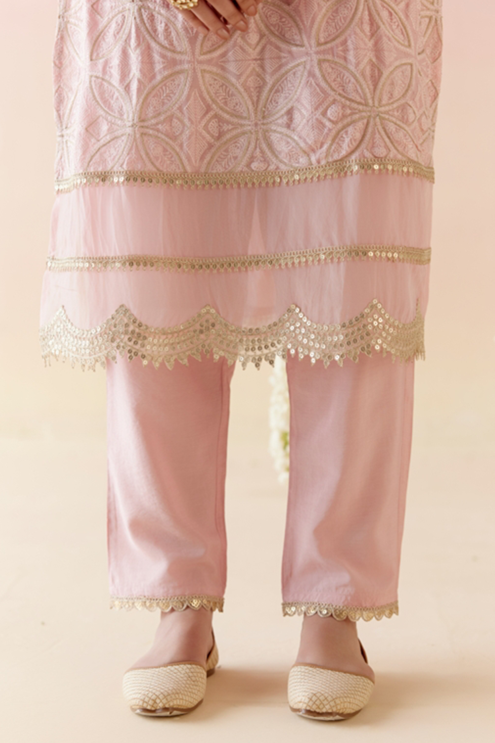 Daisy Pink Zari Kurta with Pants and Dupatta