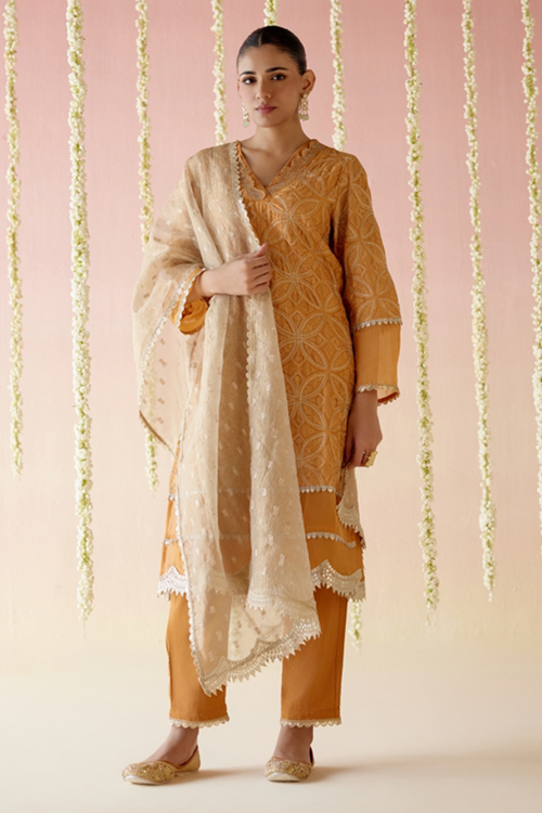 Zinnia Orange Zari Kurta with Pants and Dupatta