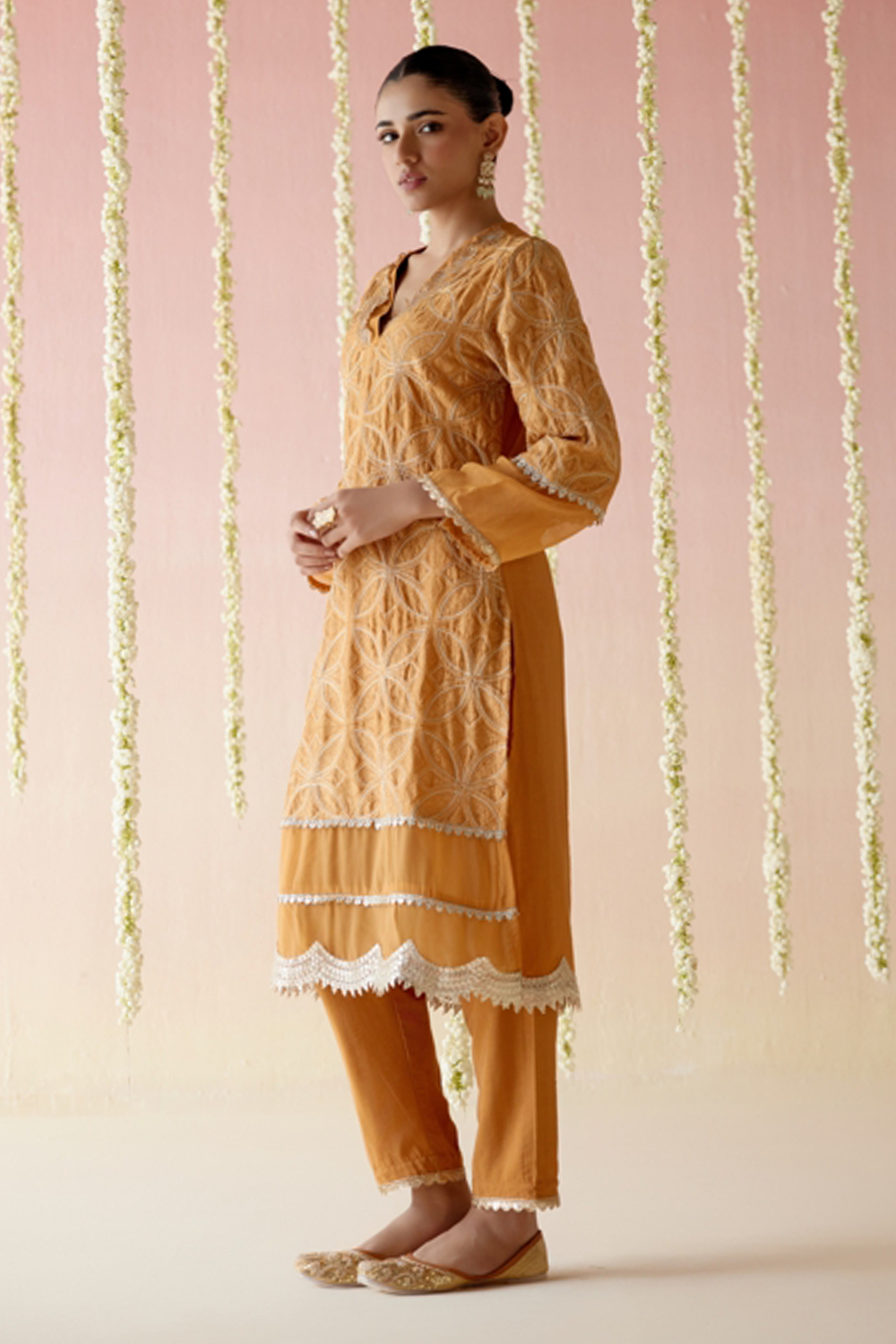 Zinnia Orange Zari Kurta with Pants and Dupatta