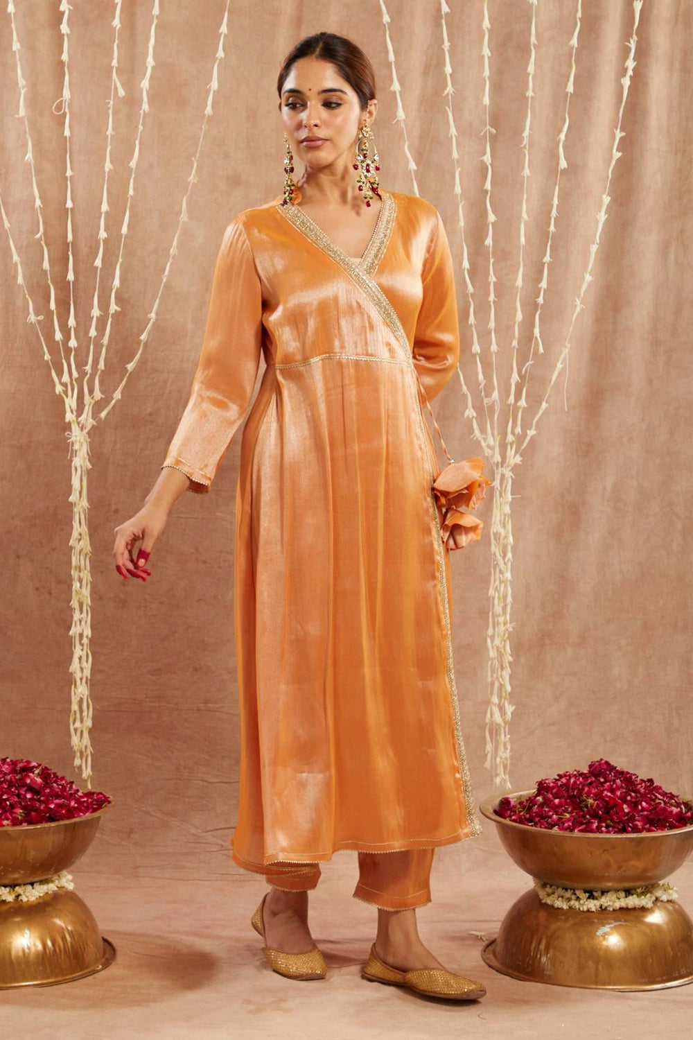 Orange Shimmer Angrakha With Pants