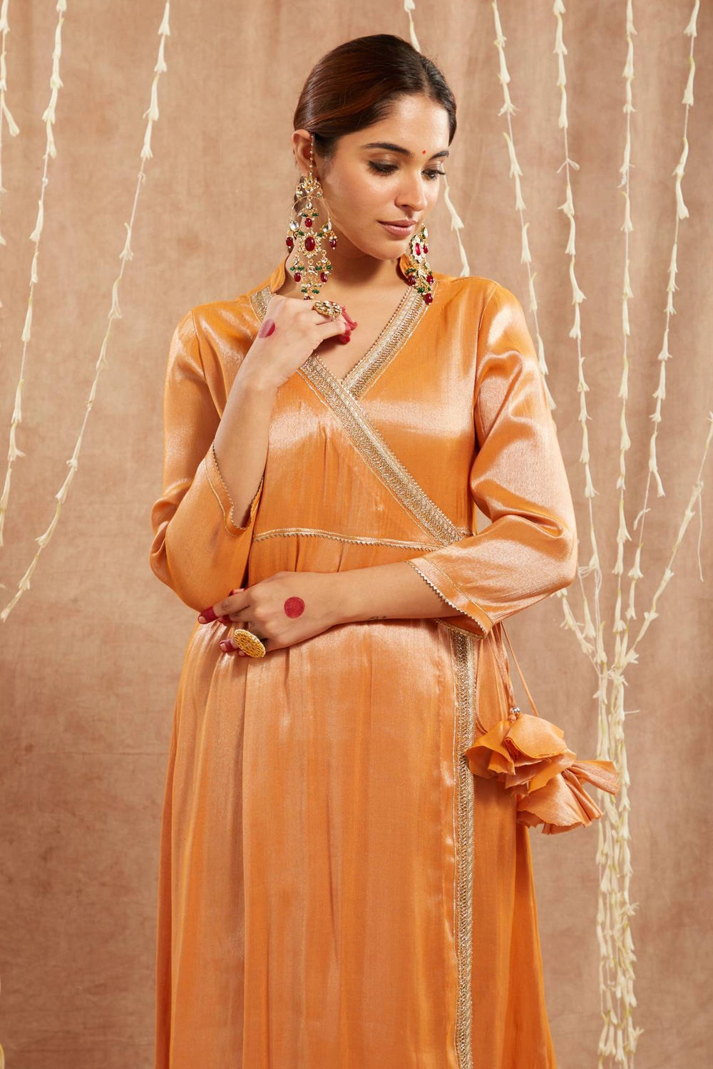 Orange Shimmer Angrakha With Pants