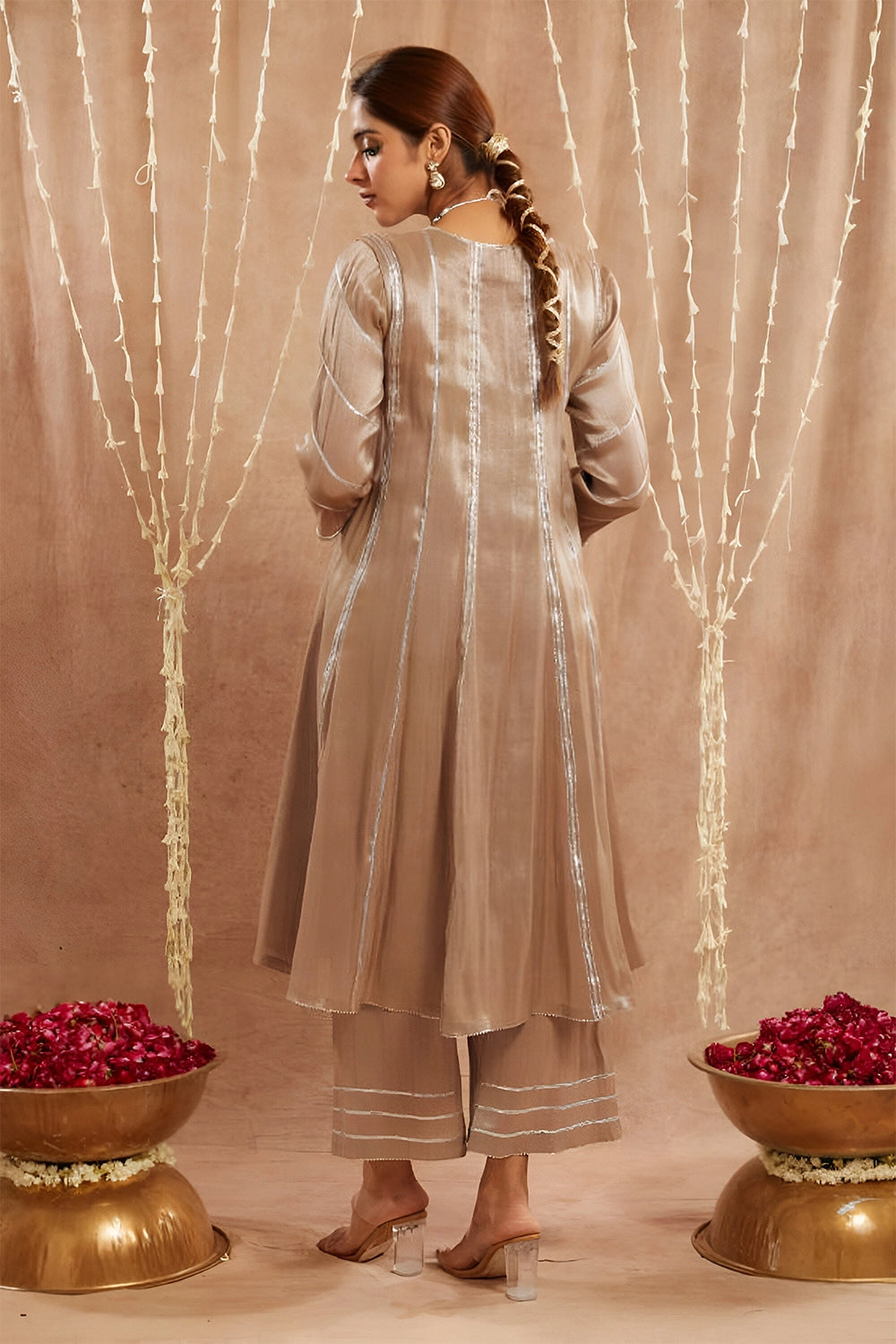 Brown Gota Anarkali With Pants