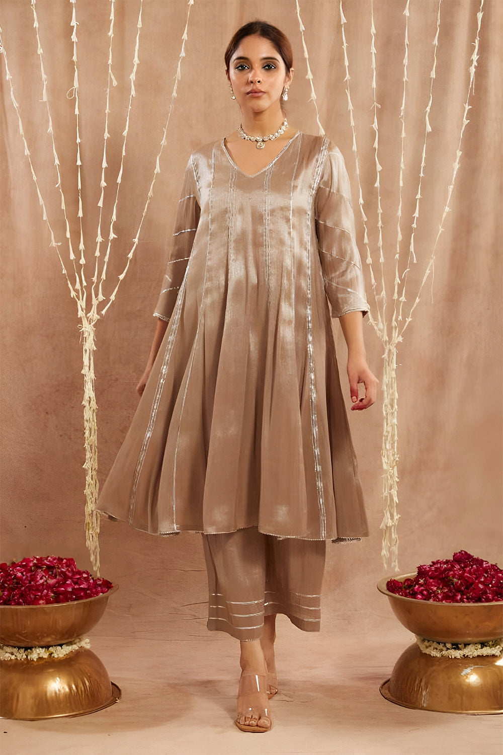 Brown Gota Anarkali With Pants