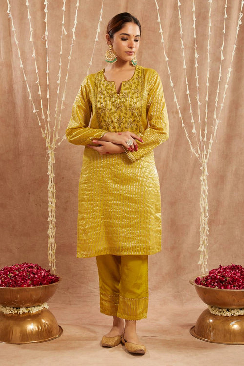 Olive Embroidered Kurta With Narrow Pants
