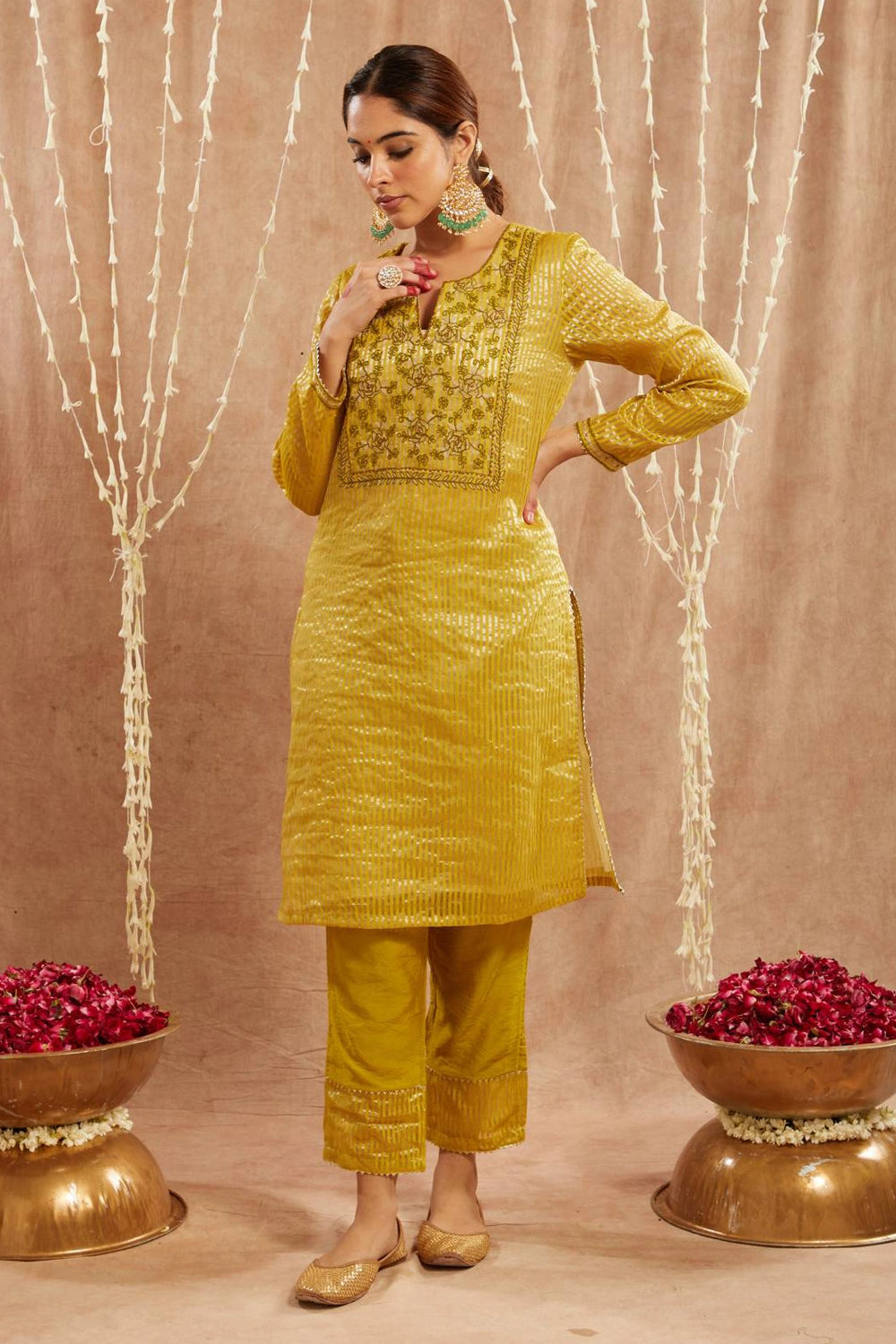 Olive Embroidered Kurta With Narrow Pants