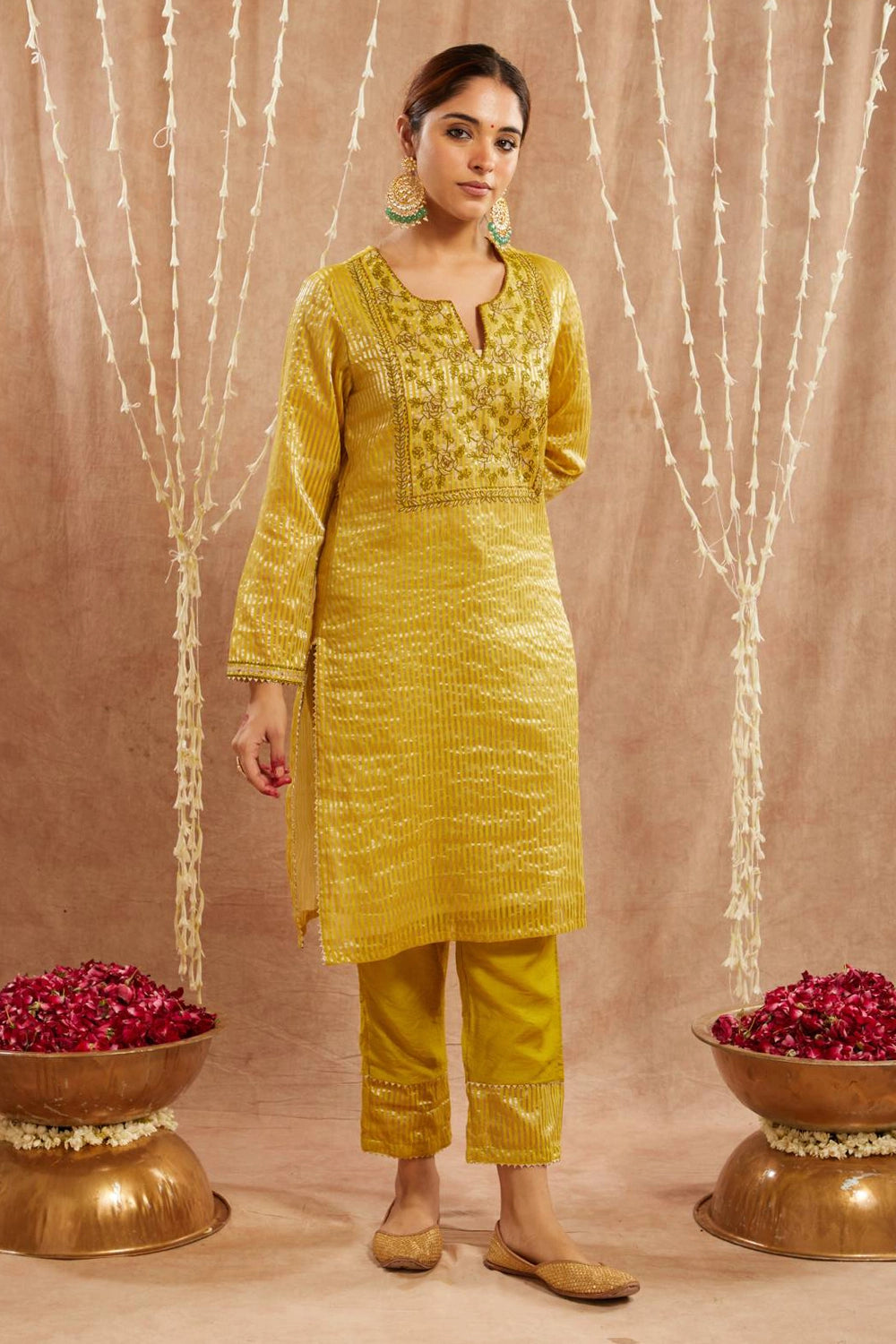 Olive Embroidered Kurta With Narrow Pants