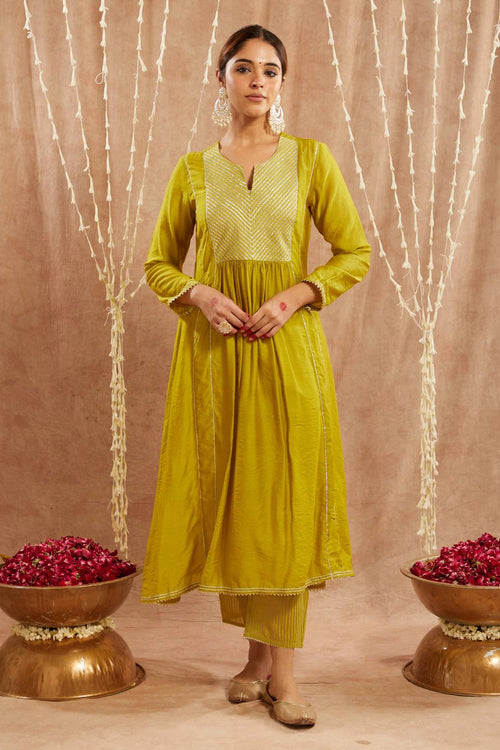 Olive Yoke Kurta With Pants