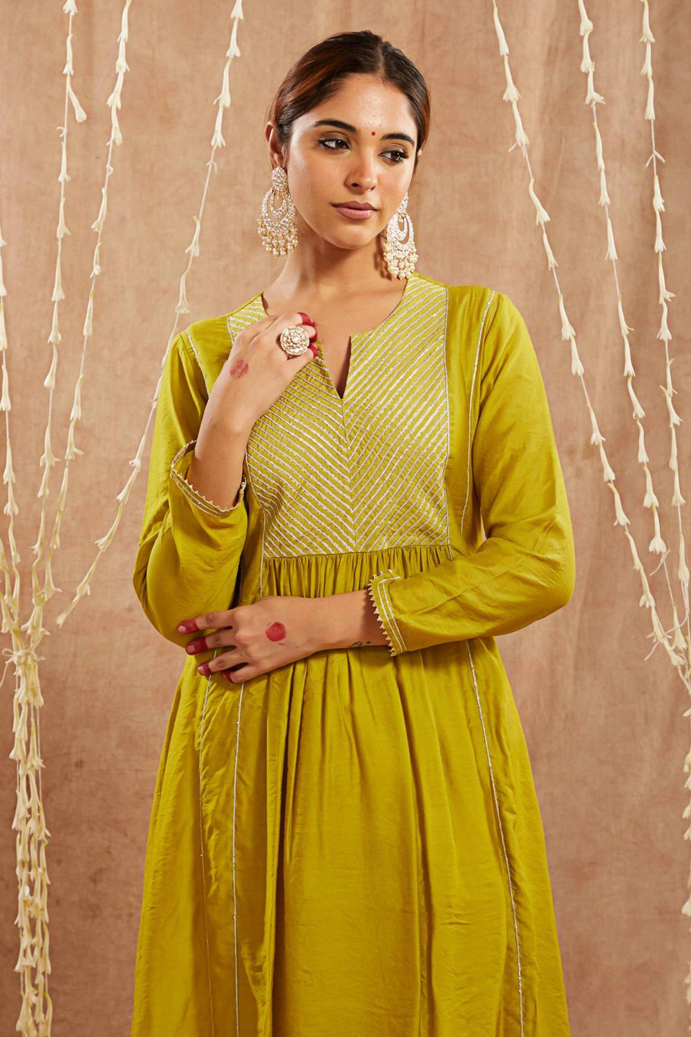 Olive Yoke Kurta With Pants