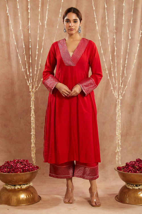 Red Zari Kurta With Pants