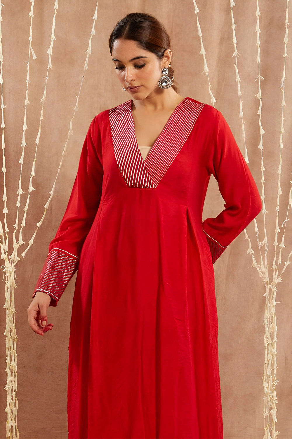 Red Zari Kurta With Pants