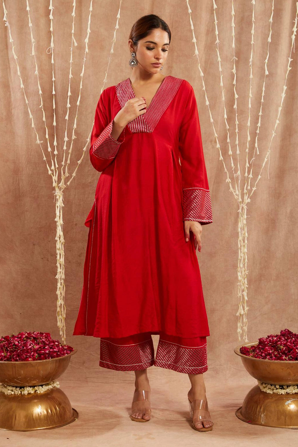 Red Zari Kurta With Pants