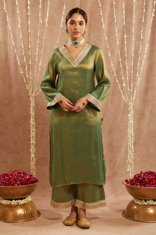 Green Sequins Kurta With Pants