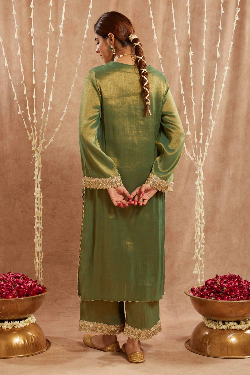 Green Sequins Kurta With Pants