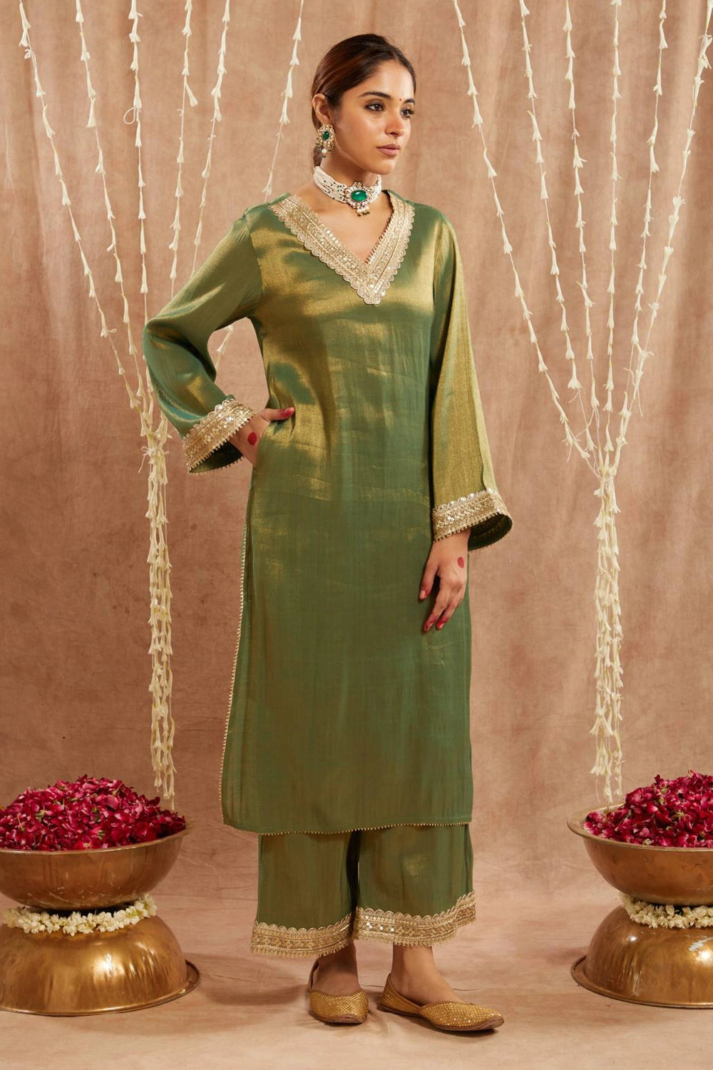 Green Sequins Kurta With Pants