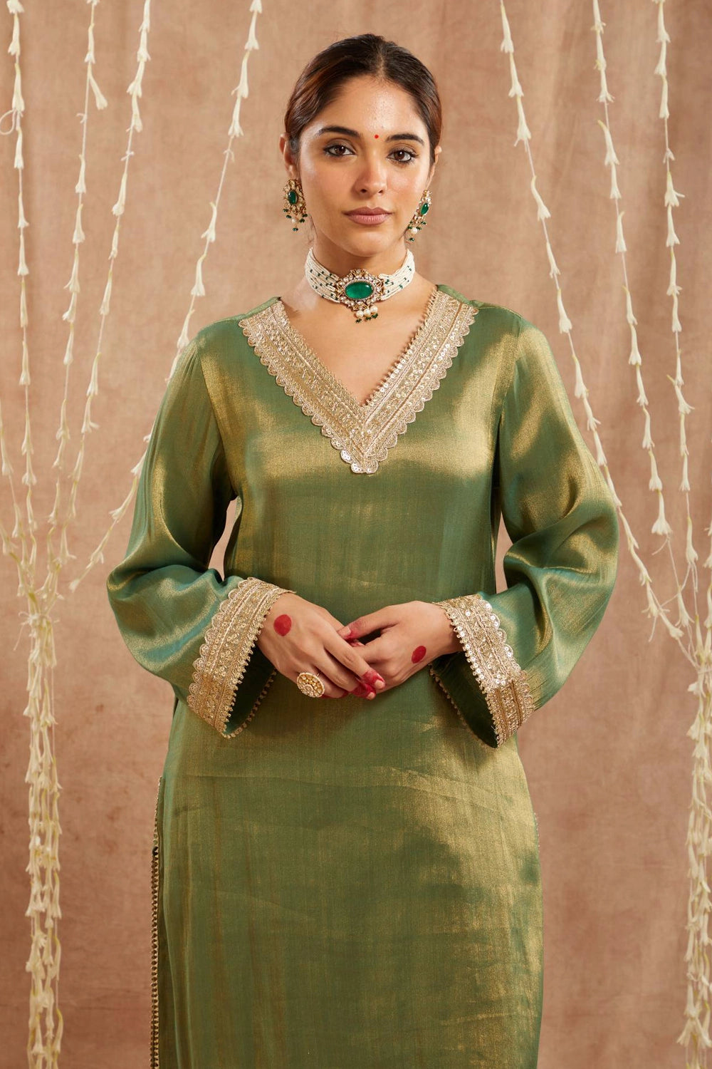 Green Sequins Kurta With Pants