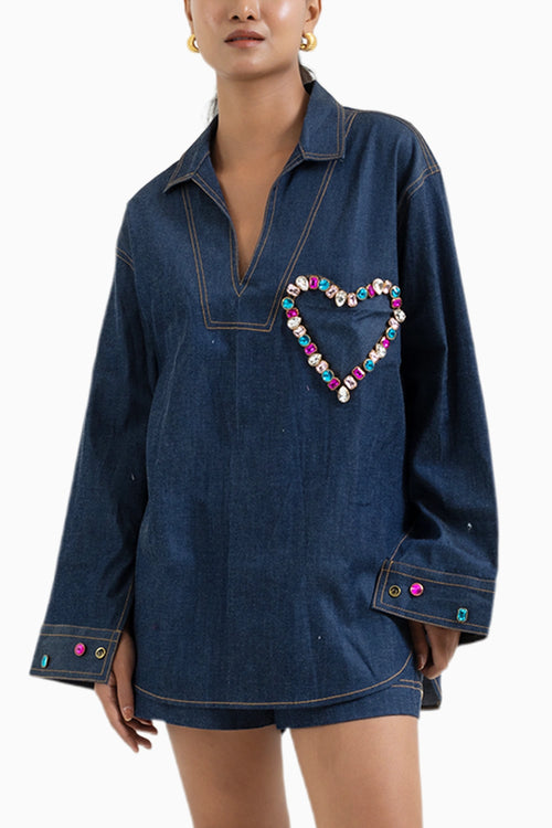 Heart Denim Gem Kurta With Blue Gem Shorts