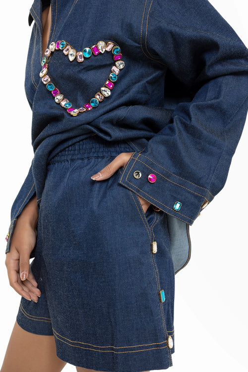 Heart Denim Gem Kurta With Blue Gem Shorts