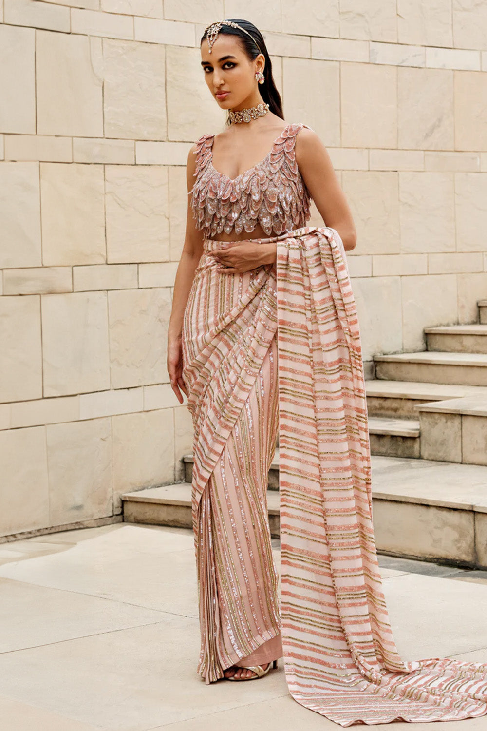 Peach Sequin Saree