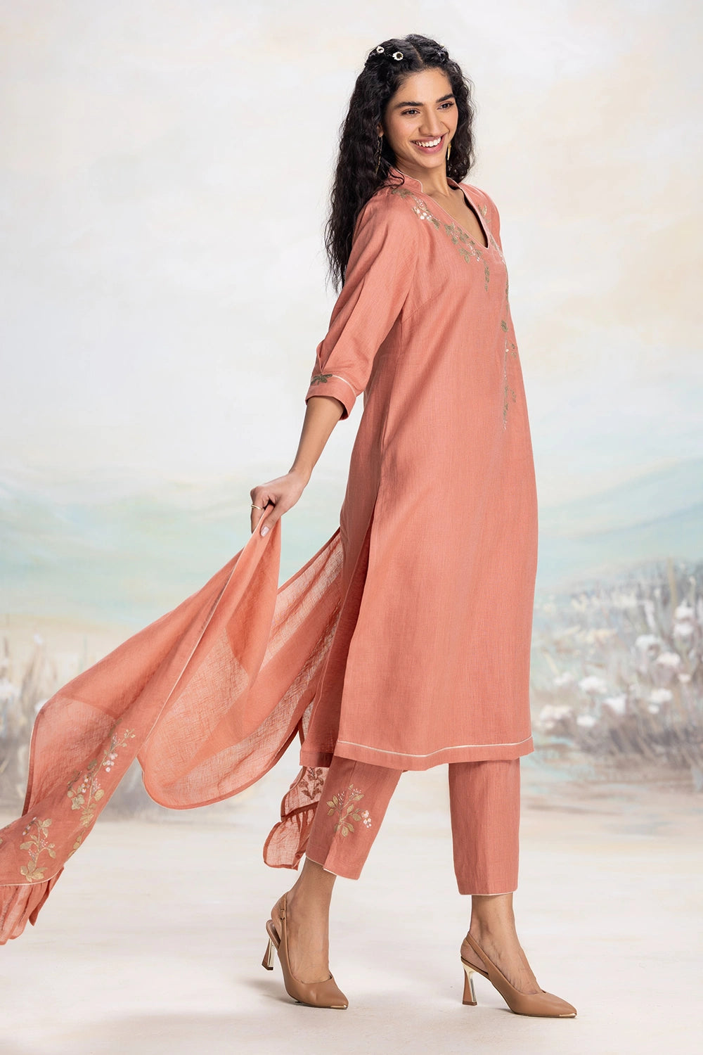 Golden Leaf Peach Kurta Set