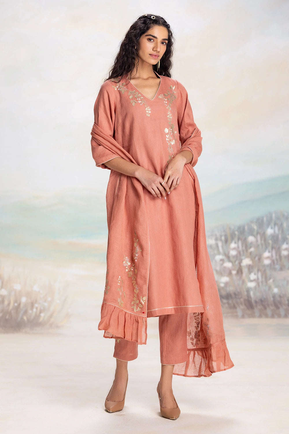 Golden Leaf Peach Kurta Set