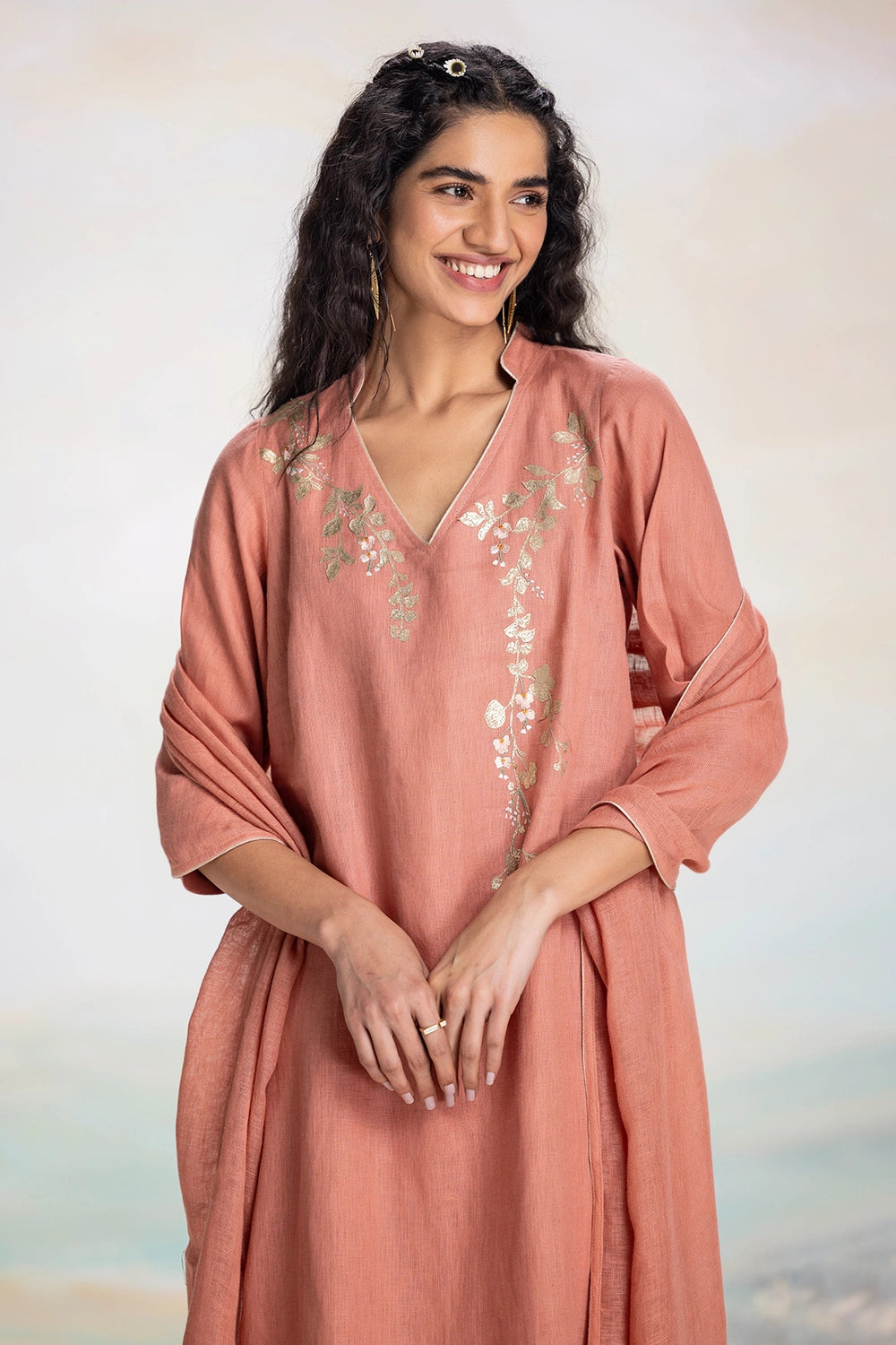 Golden Leaf Peach Kurta Set