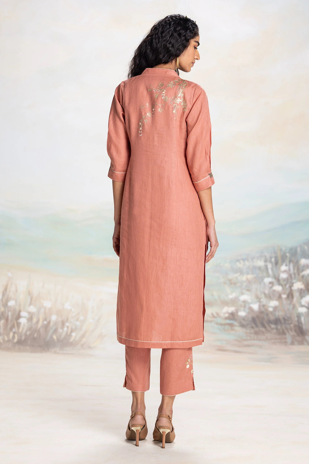 Golden Leaf Peach Kurta Set