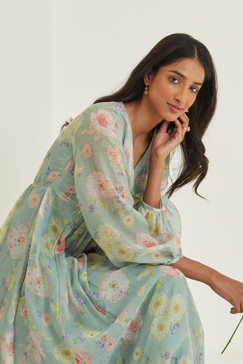 Gratitude Sage-Green Sooti Chanderi Dress