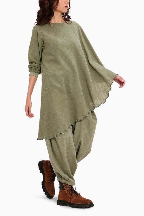 Green Ribbed Scallop Tunic Set