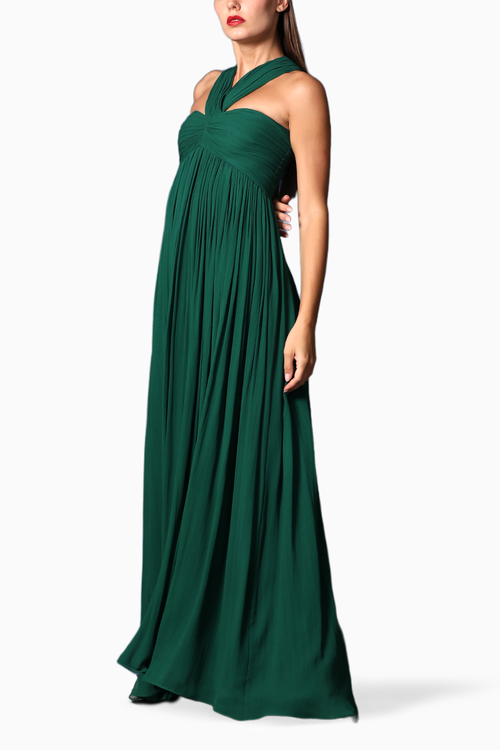 Green Criss Cross Neckline High Waist Gown