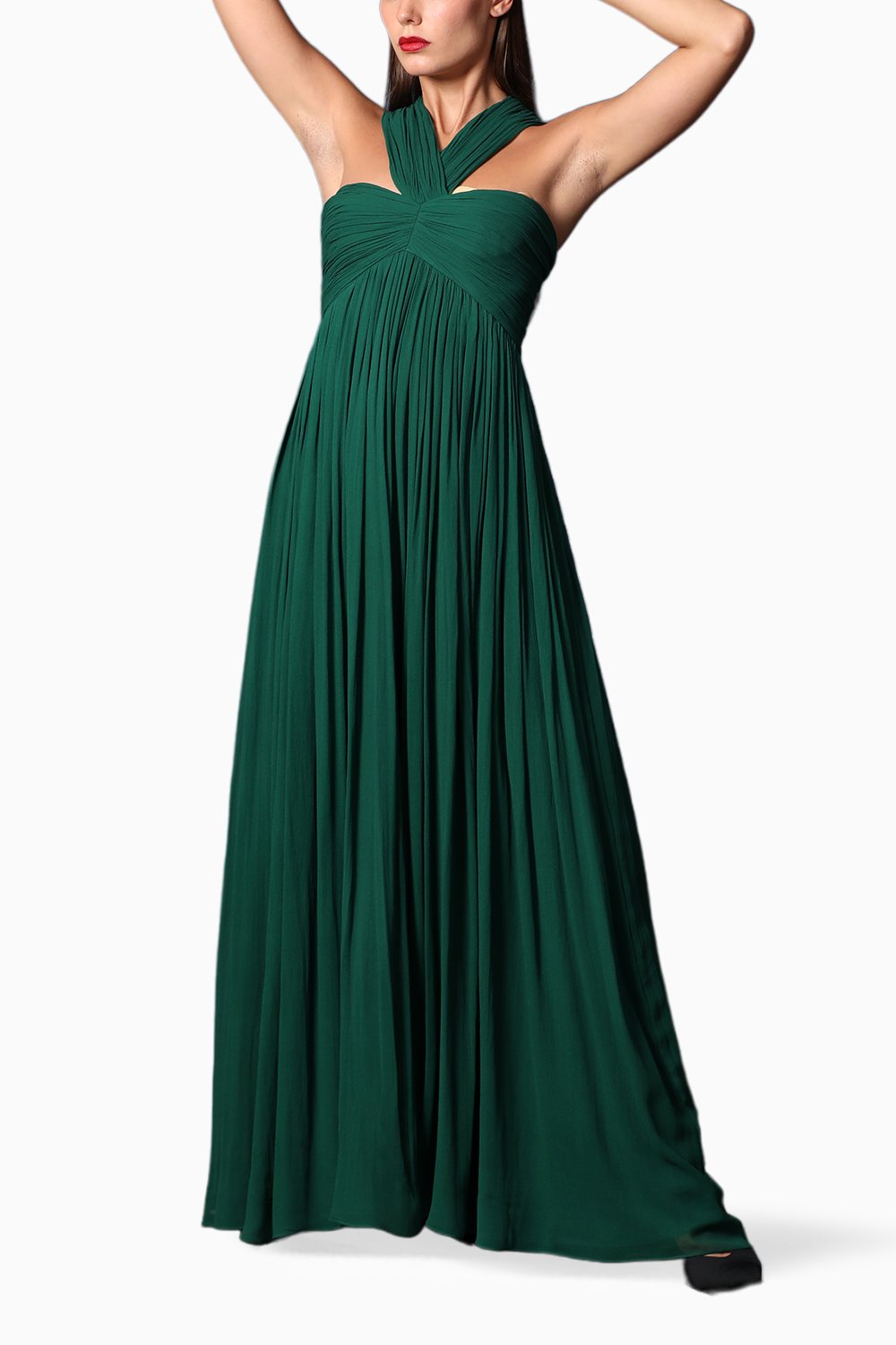 Green Criss Cross Neckline High Waist Gown