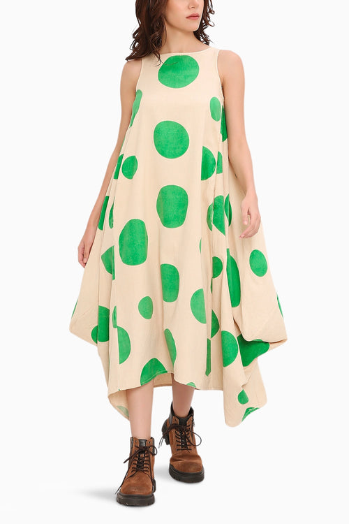 Green Hand Block Printed Polka Vari Dress