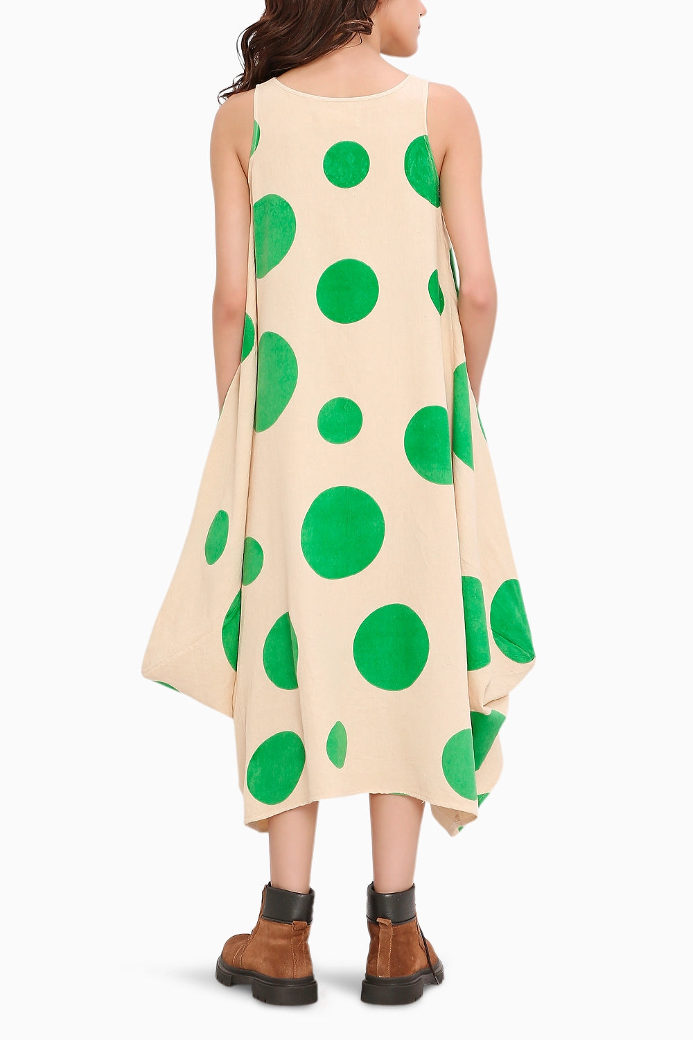 Green Hand Block Printed Polka Vari Dress