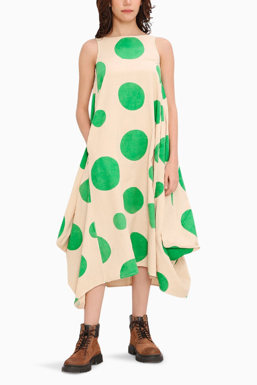 Green Hand Block Printed Polka Vari Dress