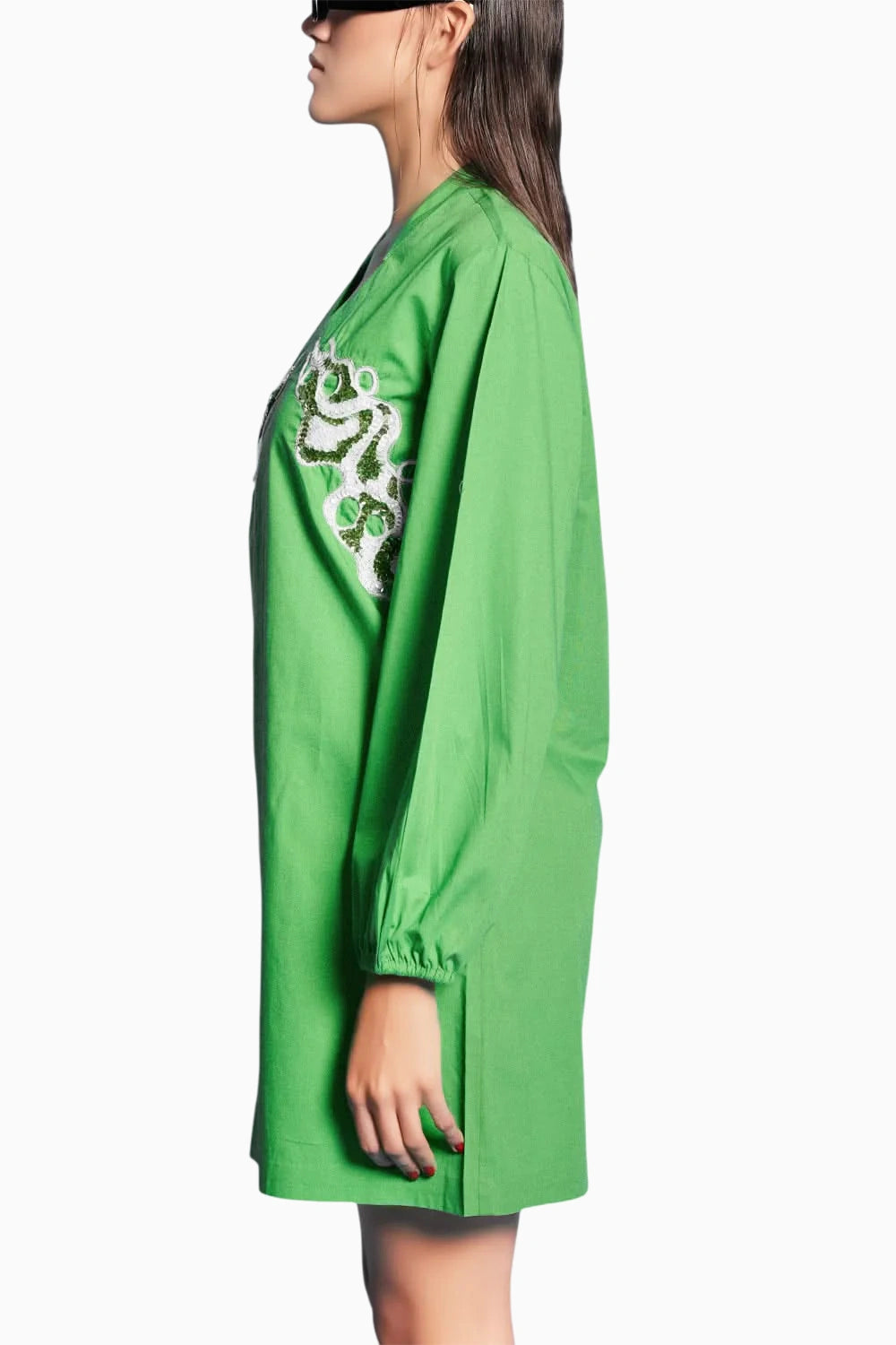 Green Poplin Embroidered Shirt Dress