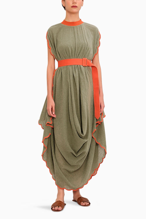 Green Ribbed Scallop Cowl Dress