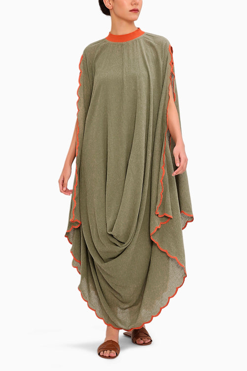 Green Ribbed Scallop Cowl Dress