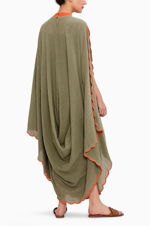 Green Ribbed Scallop Cowl Dress