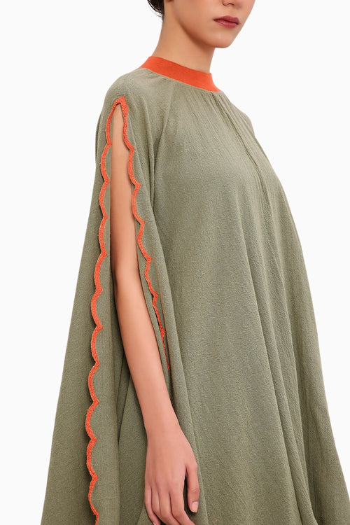 Green Ribbed Scallop Cowl Dress