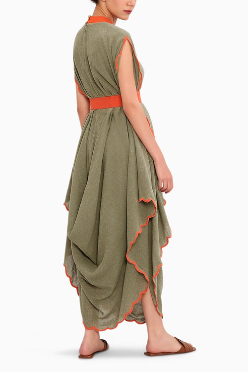 Green Ribbed Scallop Cowl Dress