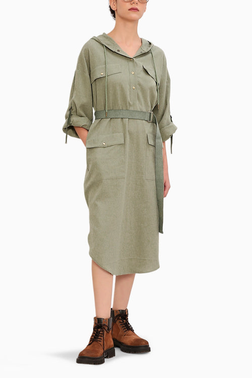 Green Safari Pocket Hooded Dress