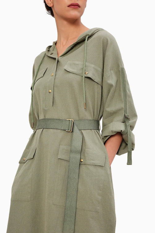 Green Safari Pocket Hooded Dress