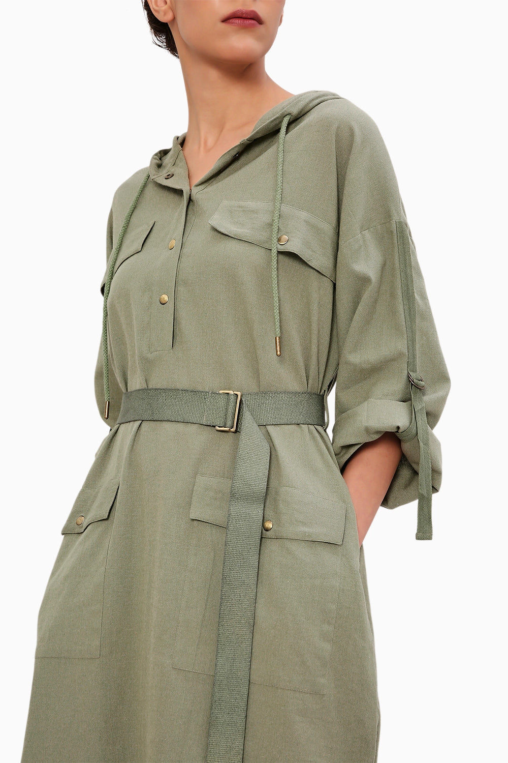 Green Safari Pocket Hooded Dress